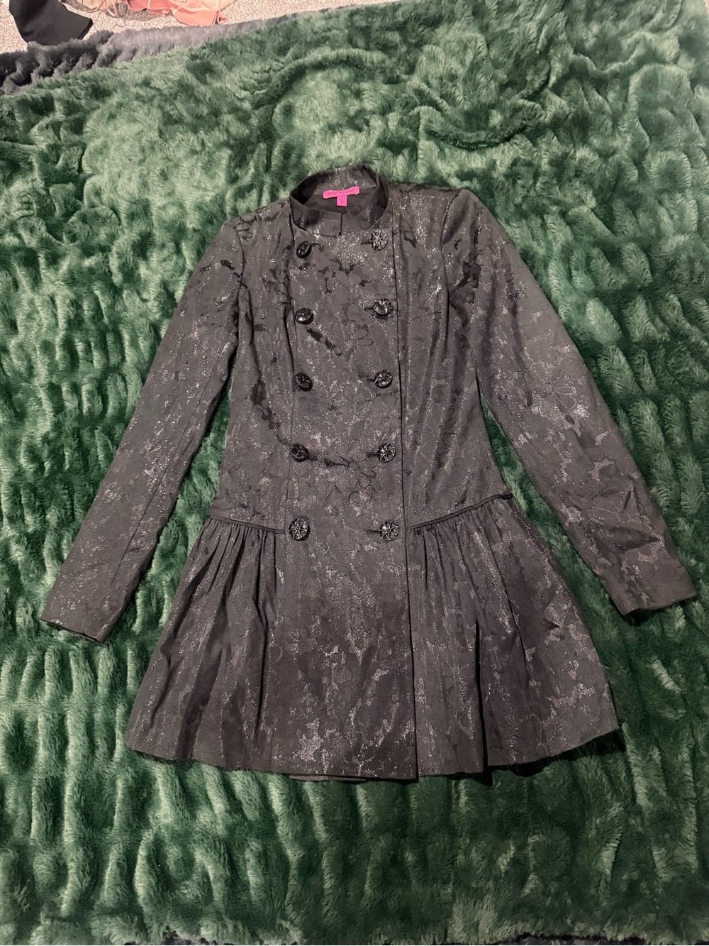 Betsey Johnson Black Textured Double-Breasted Peplum Coat